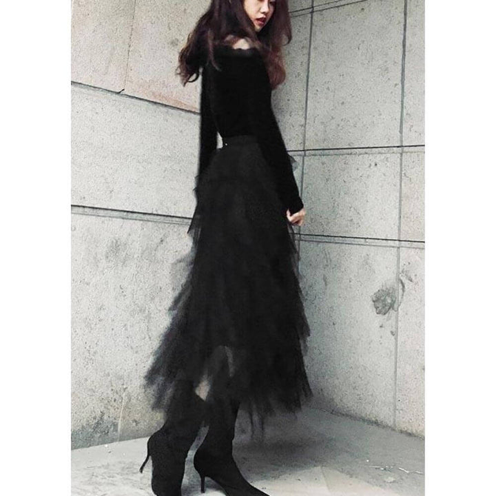 Black Layered Tulle Maxi Skirt – Elegant Tiered Design for Evening and Party Looks