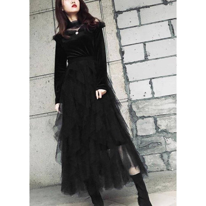 Black Layered Tulle Maxi Skirt – Elegant Tiered Design for Evening and Party Looks