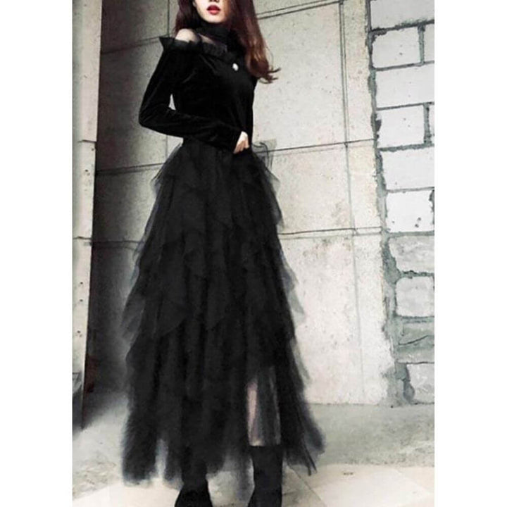 Black Layered Tulle Maxi Skirt – Elegant Tiered Design for Evening and Party Looks