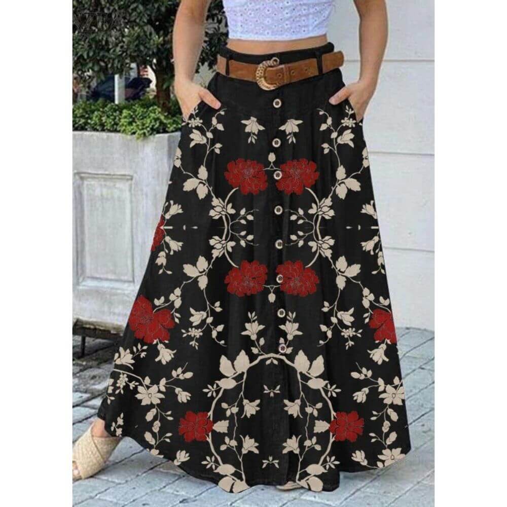 Button-Down A-Line Maxi Skirt for Women – Elegant Long Casual Skirt