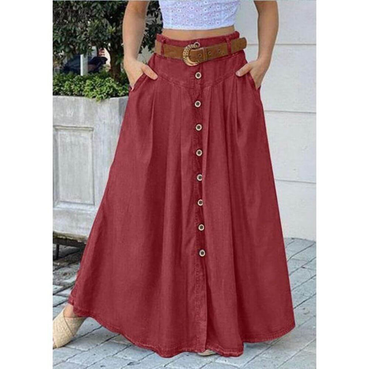 Button-Down A-Line Maxi Skirt for Women – Elegant Long Casual Skirt