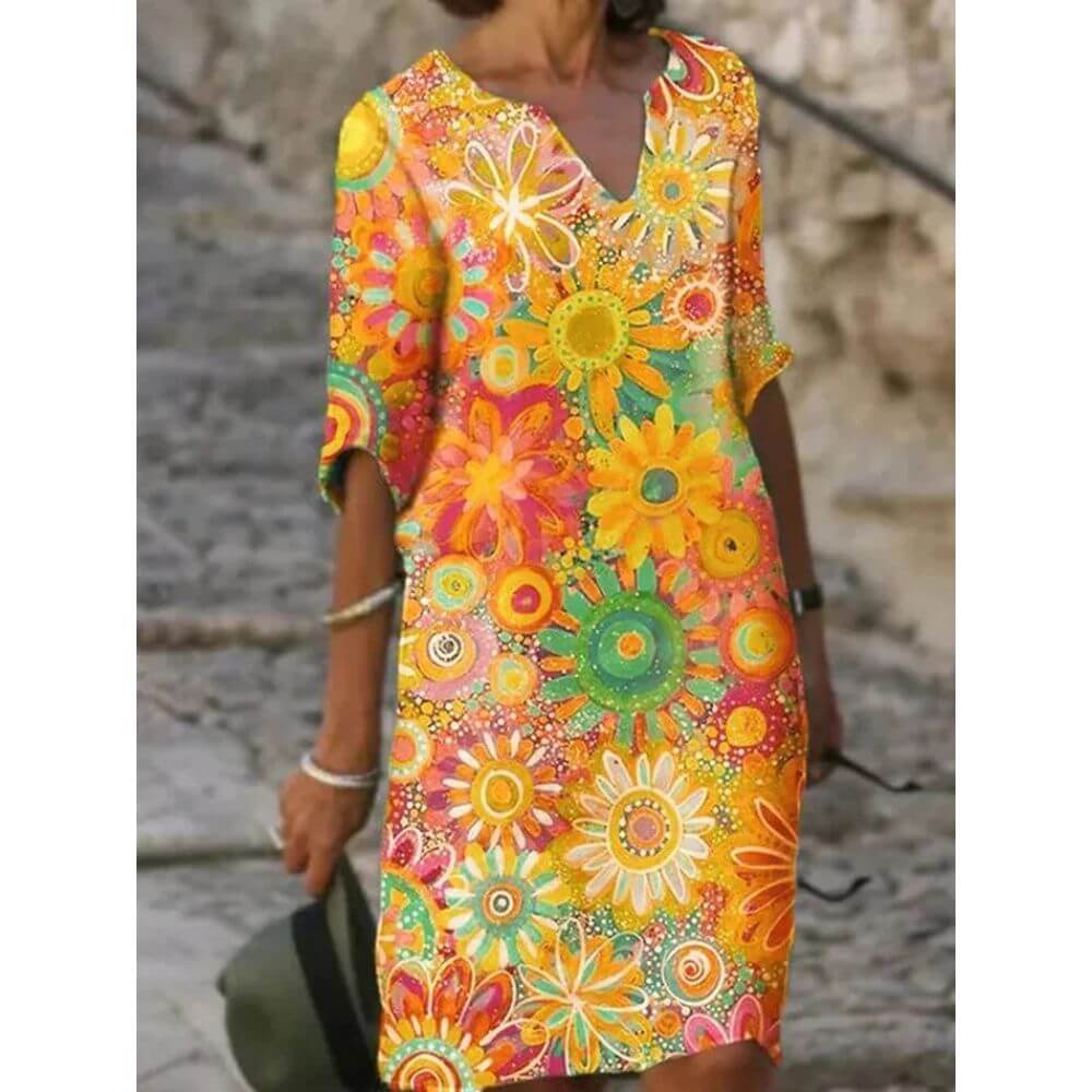 Floral Print V-Neck Casual Summer Shift Dress for Women