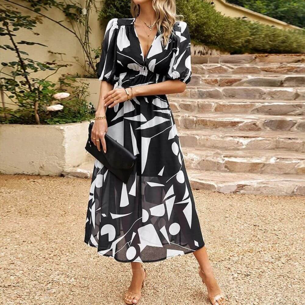 Elegant Floral Puff Sleeve V Neck Maxi Dress for Women – Summer Occasion Style