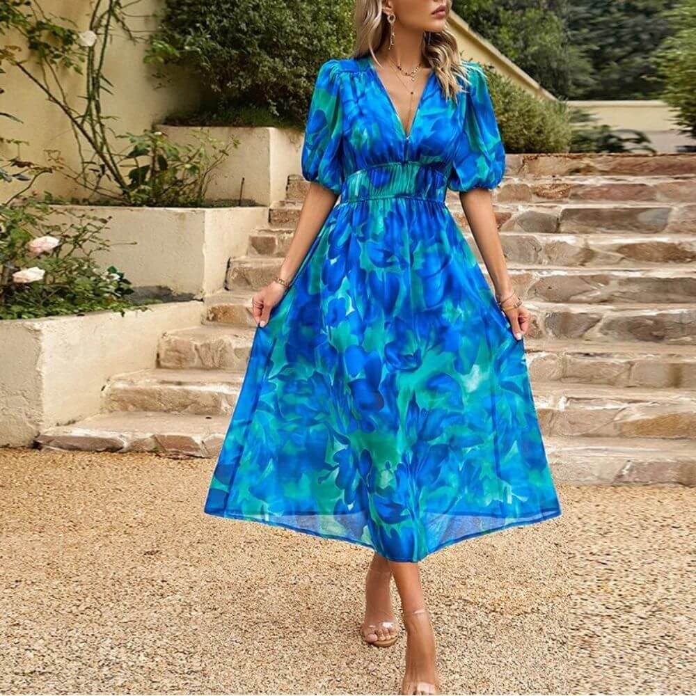 Elegant Floral Puff Sleeve V Neck Maxi Dress for Women – Summer Occasion Style