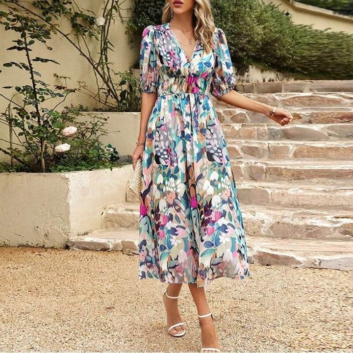 Elegant Floral Puff Sleeve V Neck Maxi Dress for Women – Summer Occasion Style