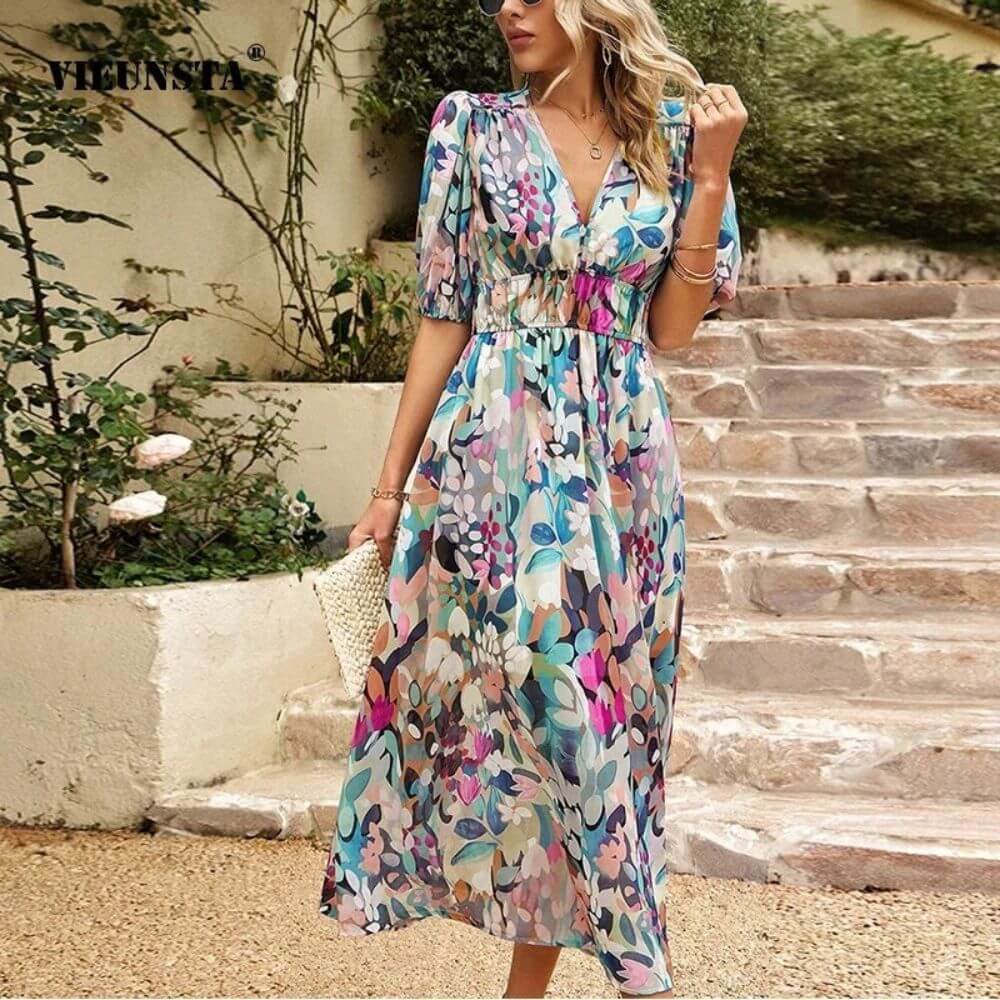 Elegant Floral Puff Sleeve V Neck Maxi Dress for Women – Summer Occasion Style