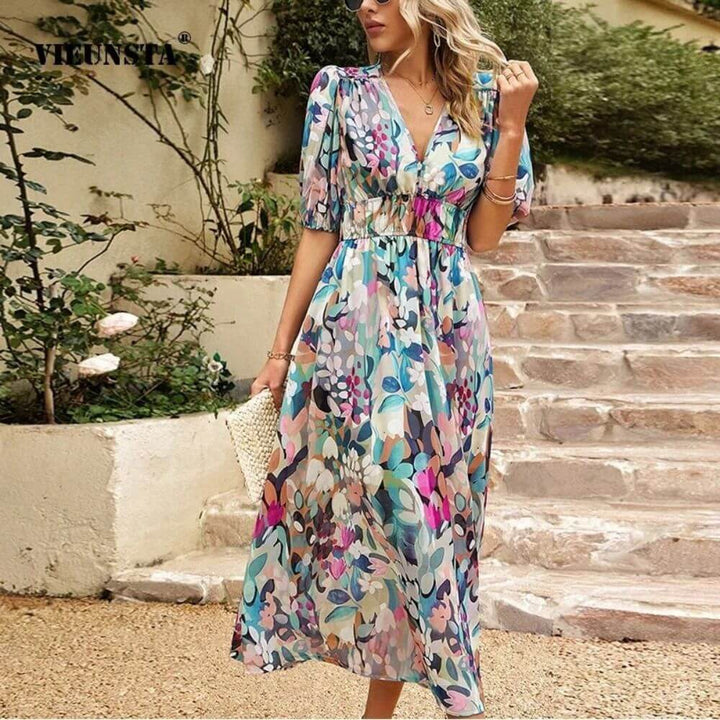 Elegant Floral Puff Sleeve V Neck Maxi Dress for Women – Summer Occasion Style