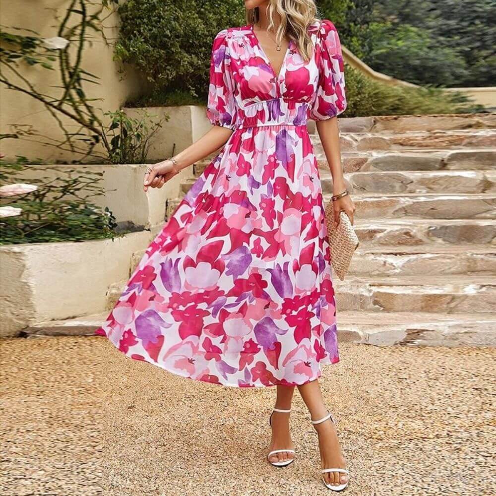 Elegant Floral Puff Sleeve V Neck Maxi Dress for Women – Summer Occasion Style