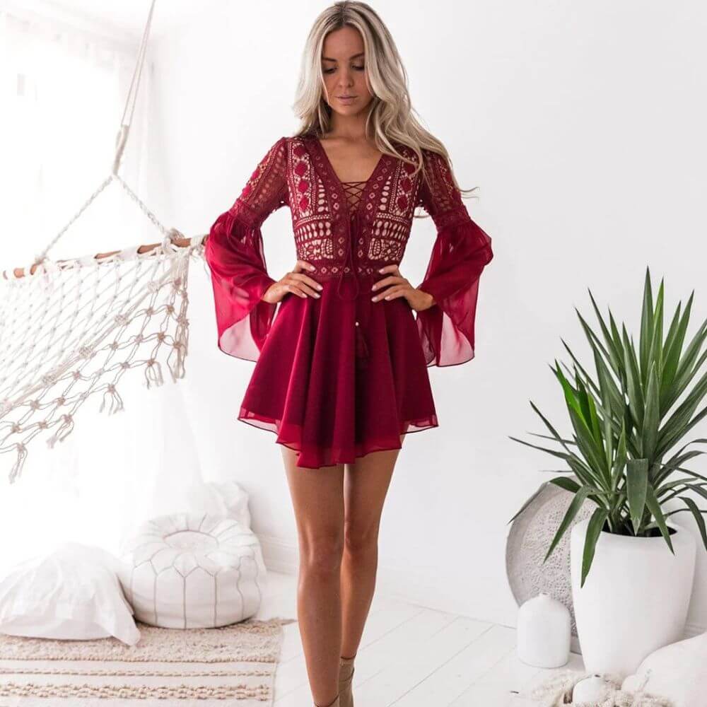 Boho Mini Dress with Bell Sleeves – Casual Summer Festival Style for Women