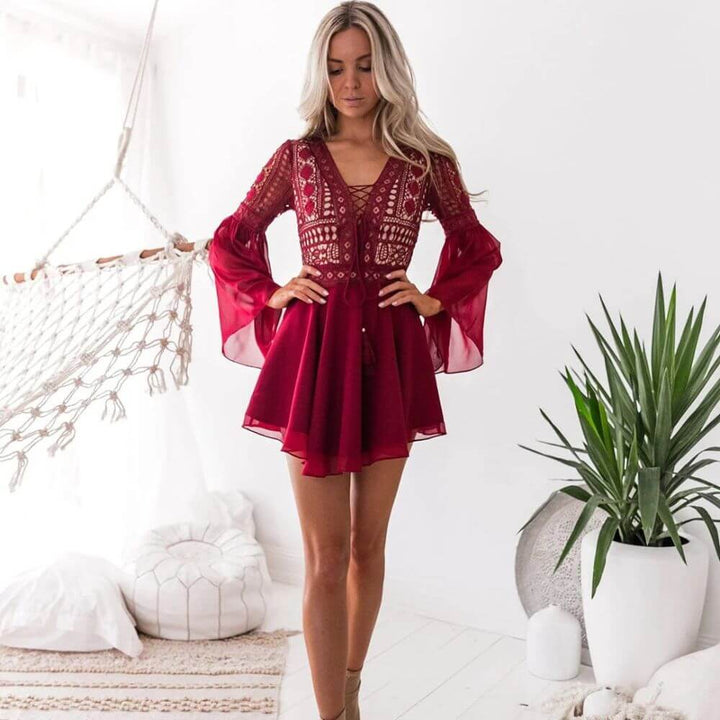 Boho Mini Dress with Bell Sleeves – Casual Summer Festival Style for Women