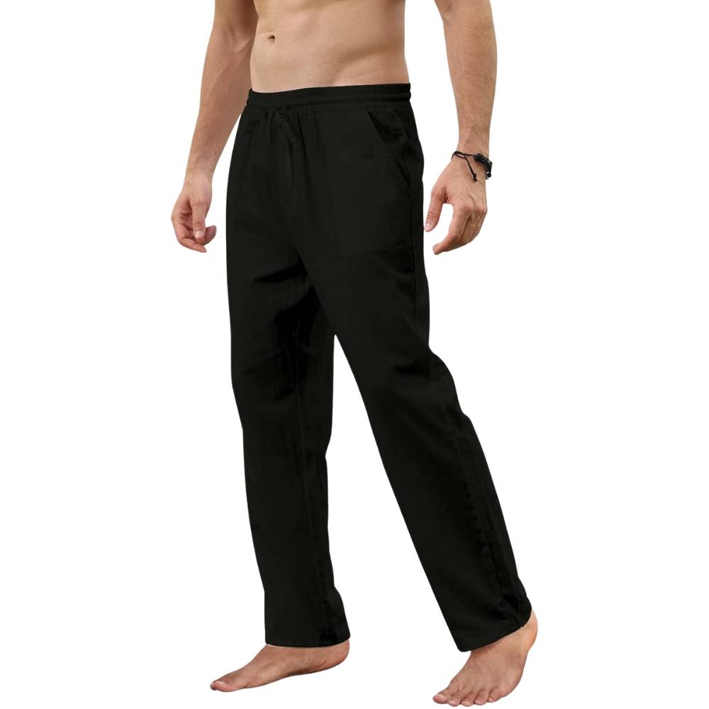 Black breathable linen jogging trousers on model