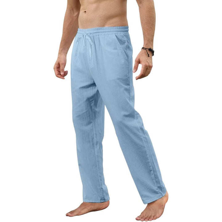 Blue breathable linen jogging trousers on model