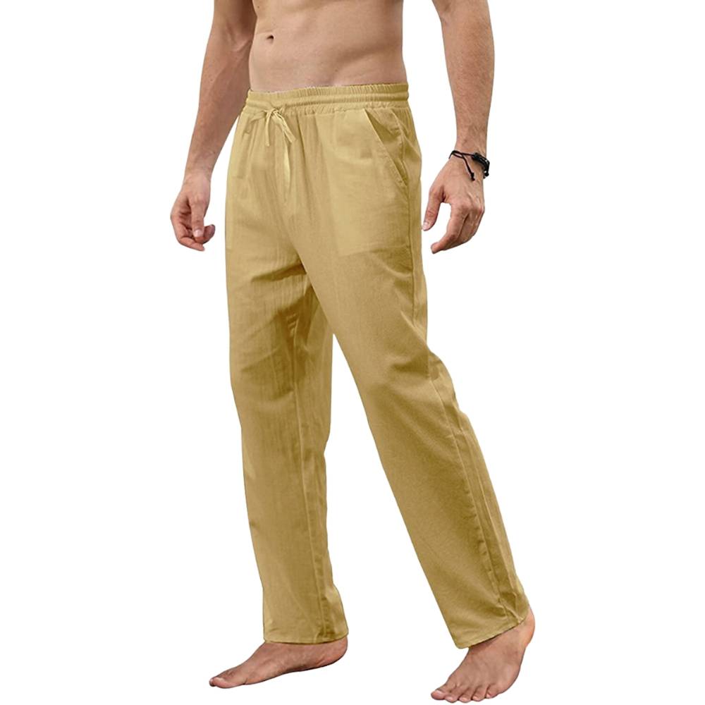 Dark khaki breathable linen jogging trousers on model