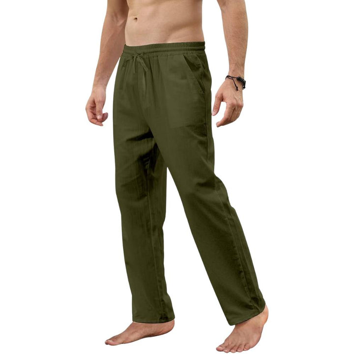 Green breathable linen jogging trousers on model