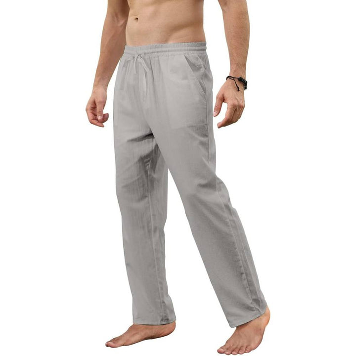 Grey khaki breathable linen jogging trousers on model