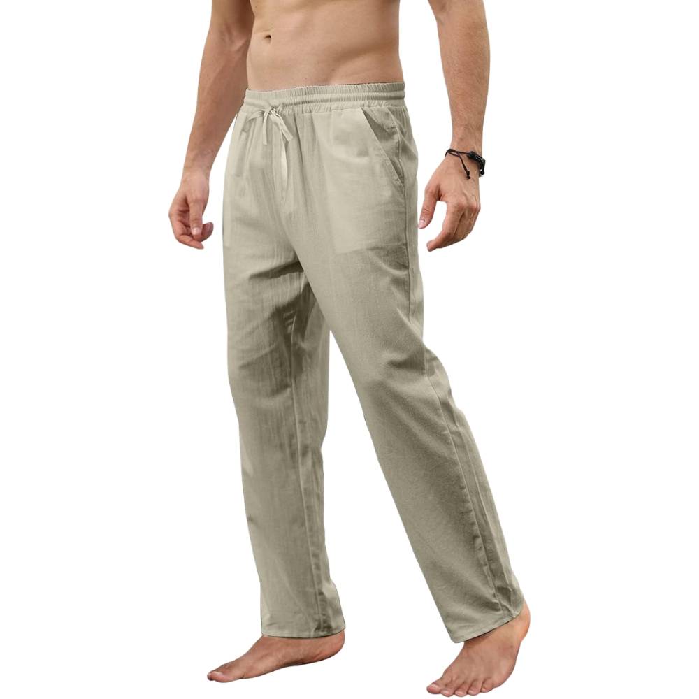 Light khaki breathable linen jogging trousers on model