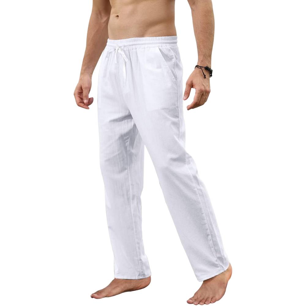 White breathable linen jogging trousers on model