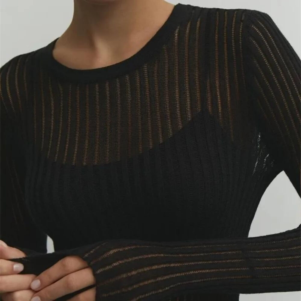 Black Stylish Striped Sheer Top on Model