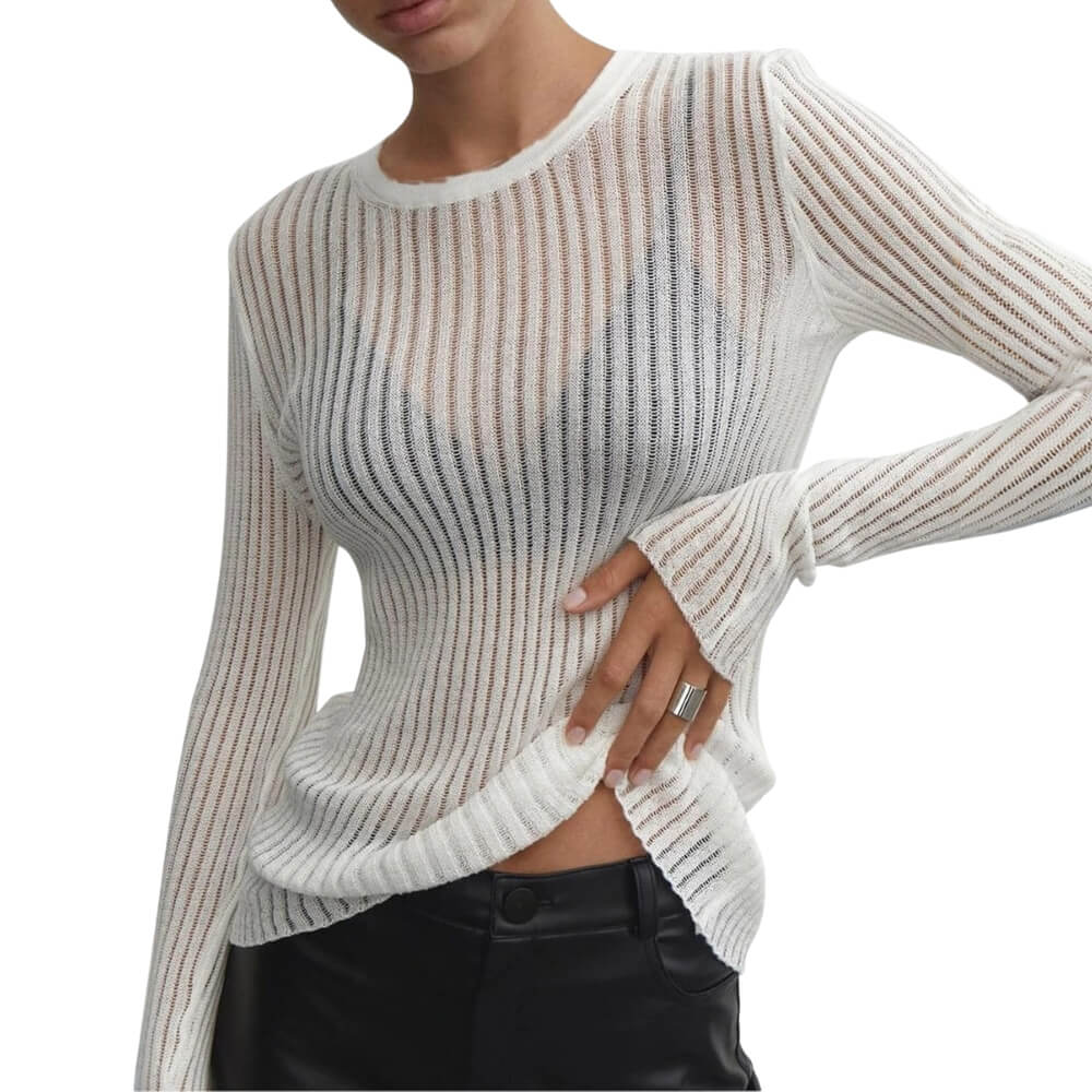 White Stylish Striped Sheer Top on Model
