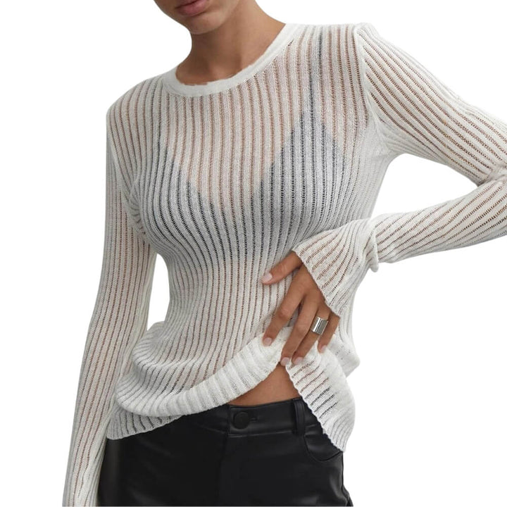 White Stylish Striped Sheer Top on Model