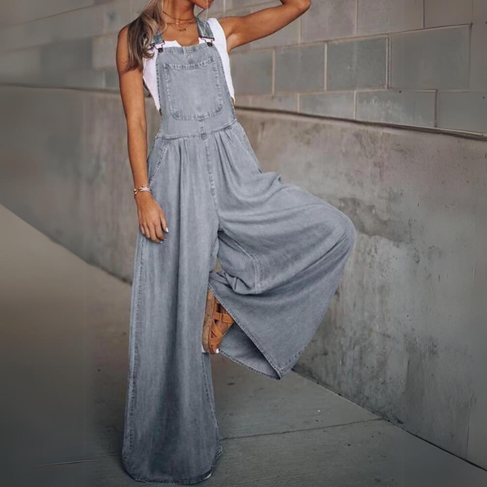 Grey stylish denim jumpsuit on the model