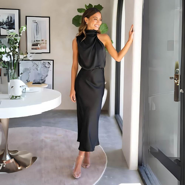 Black shiny maxi dress on the model