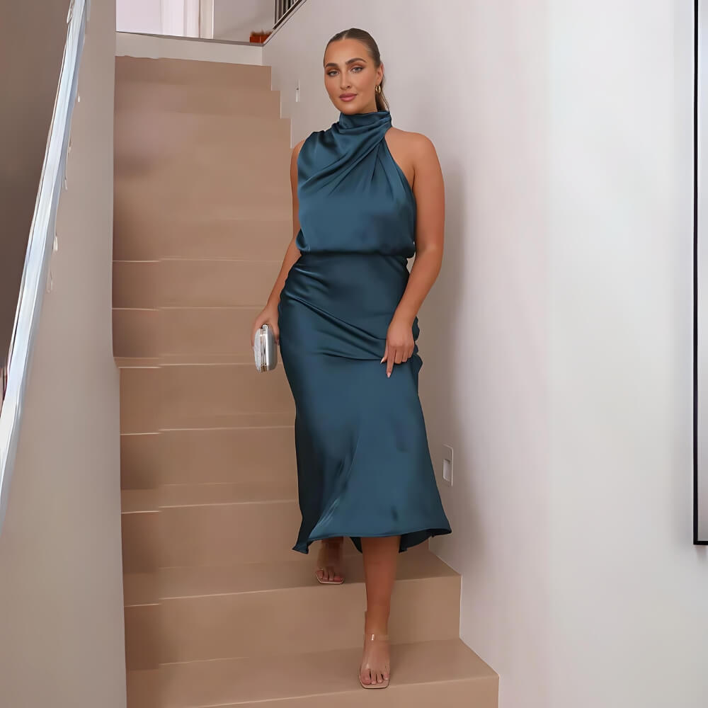 Blue shiny maxi dress on the model