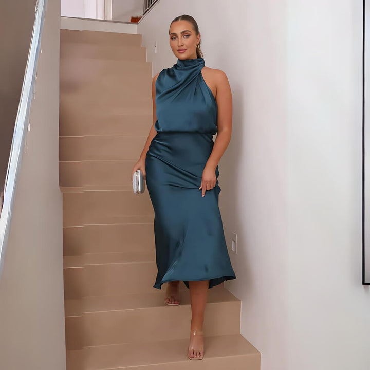 Blue shiny maxi dress on the model