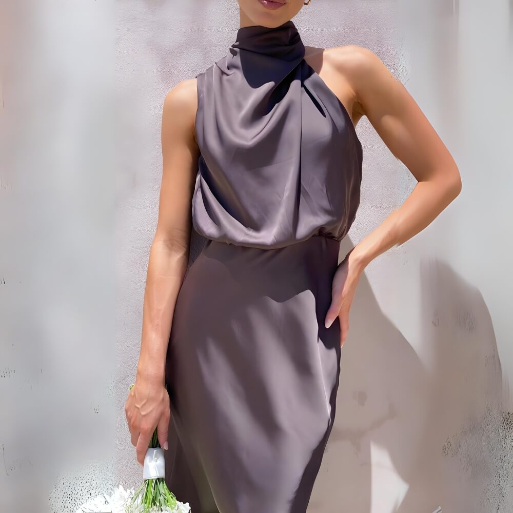 Espresso shiny maxi dress on the model