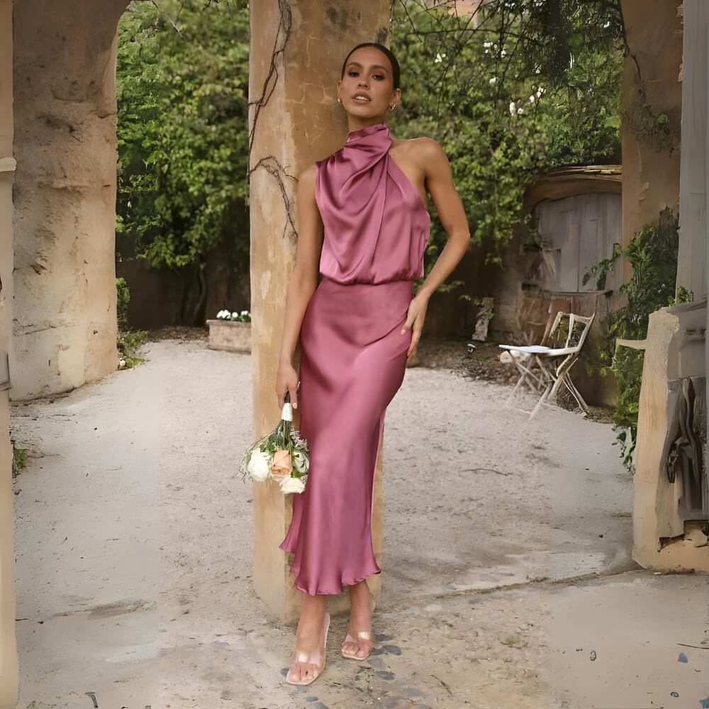 Plum shiny maxi dress on the model