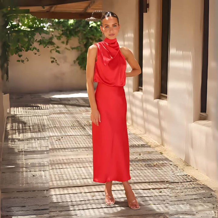 Red shiny maxi dress on the model
