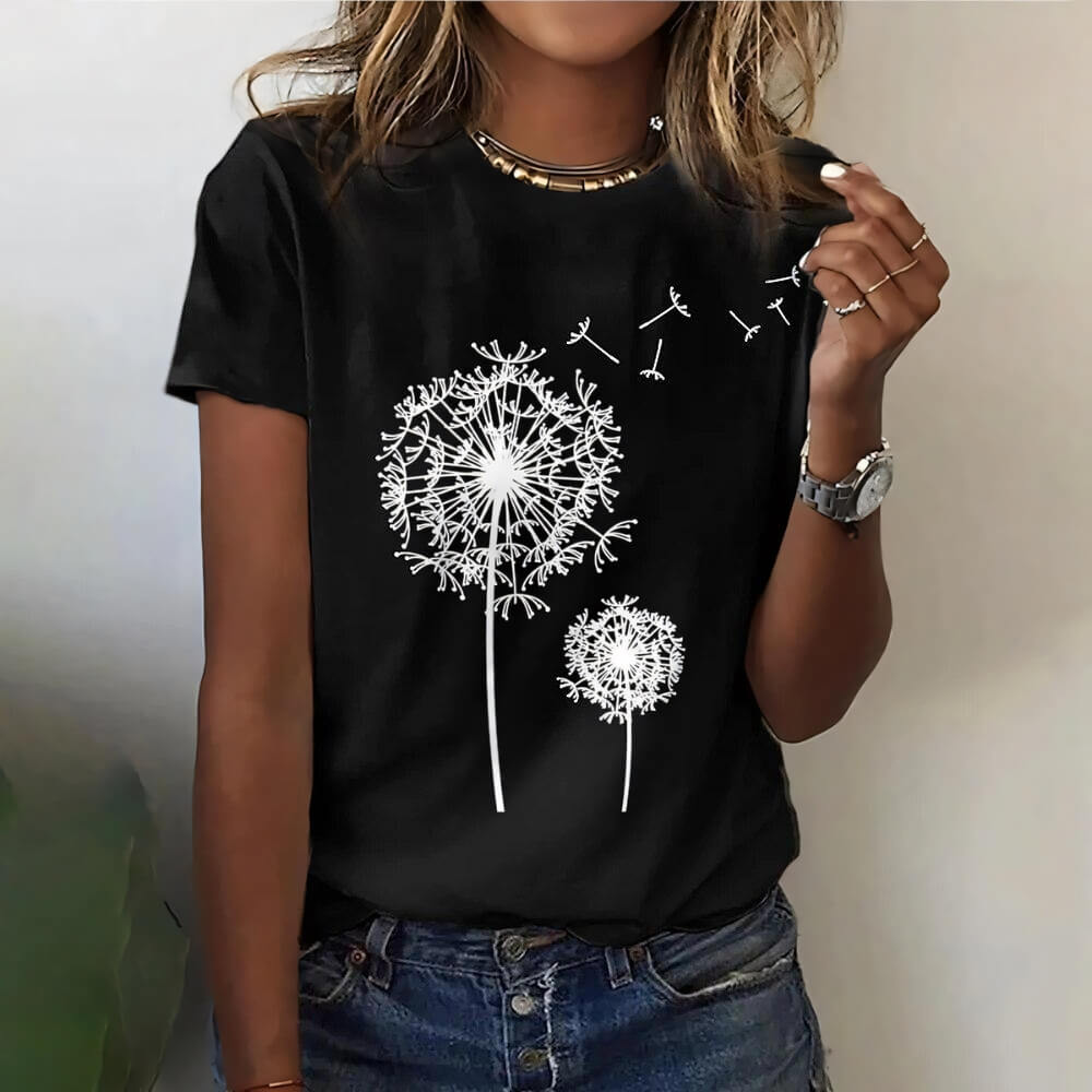 Black casual shirt with dandelion on the model