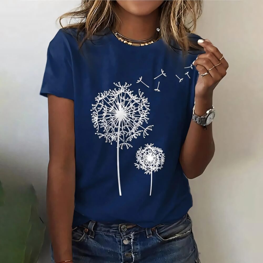 Blue casual shirt with dandelion on the model