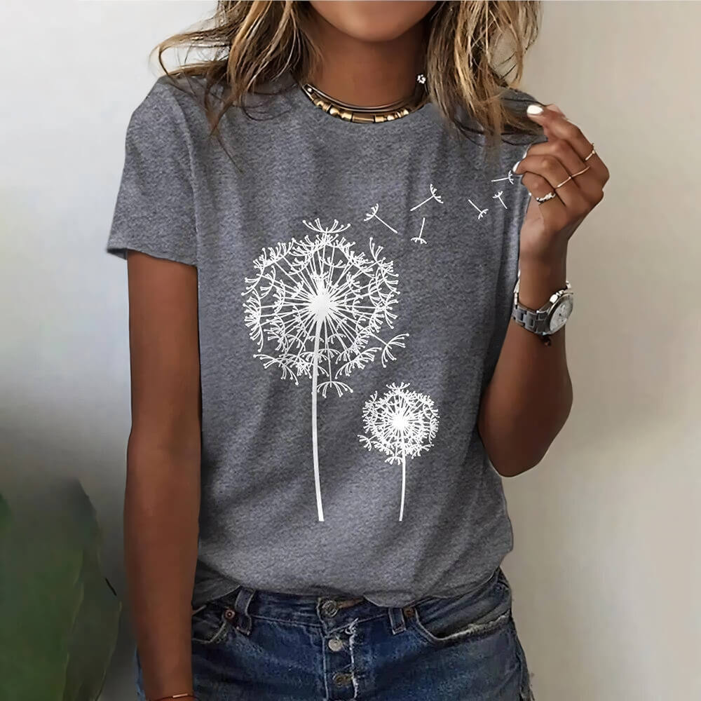 Grey casual shirt with dandelion on the model