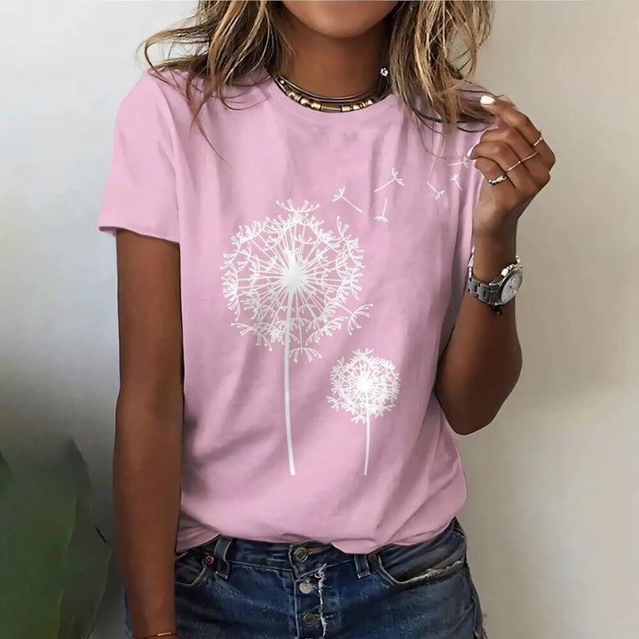 Pink casual shirt with dandelion on the model