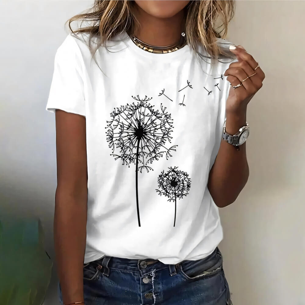 White casual shirt with dandelion on the model