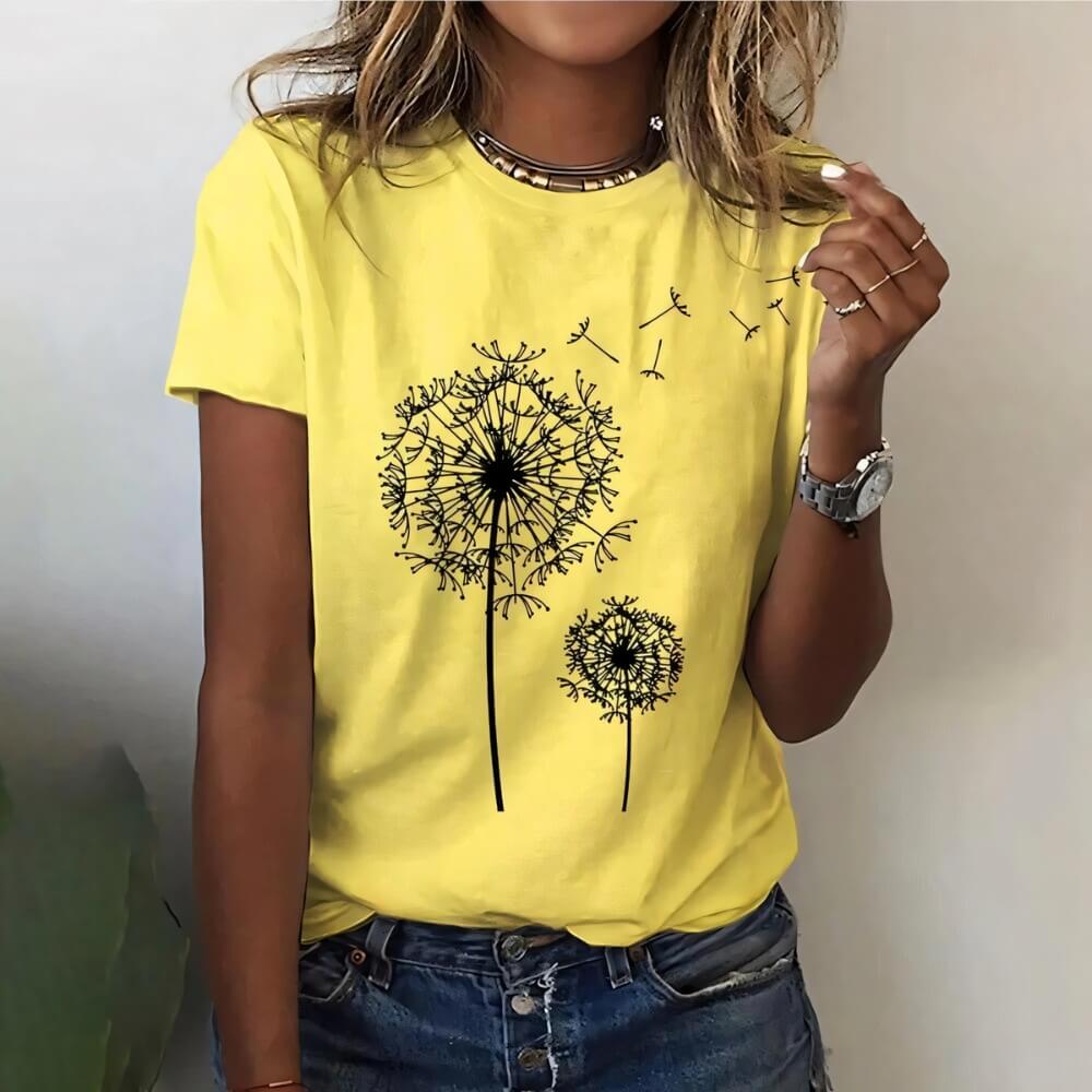 Yellow casual shirt with dandelion on the model