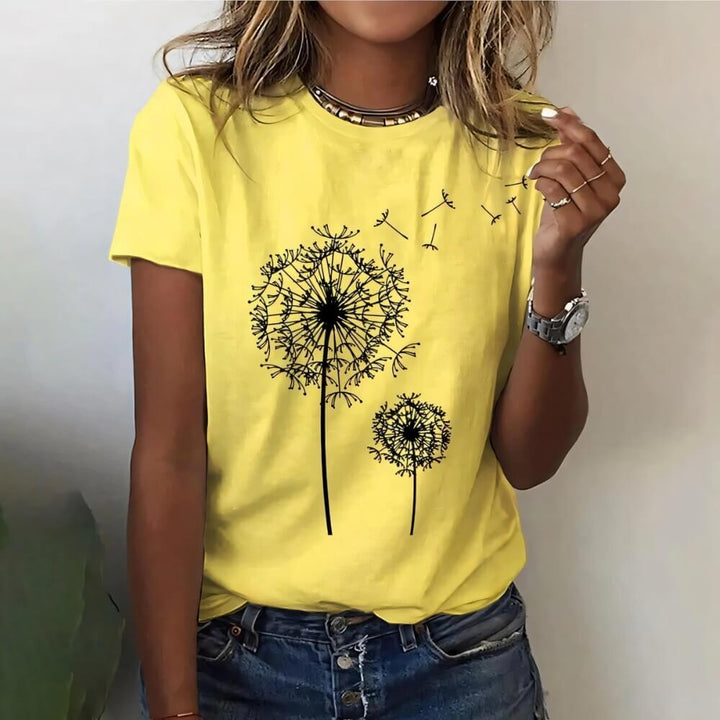 Yellow casual shirt with dandelion on the model