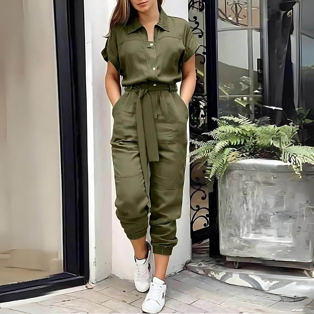 Armygreen short-sleeved jumpsuit on the model