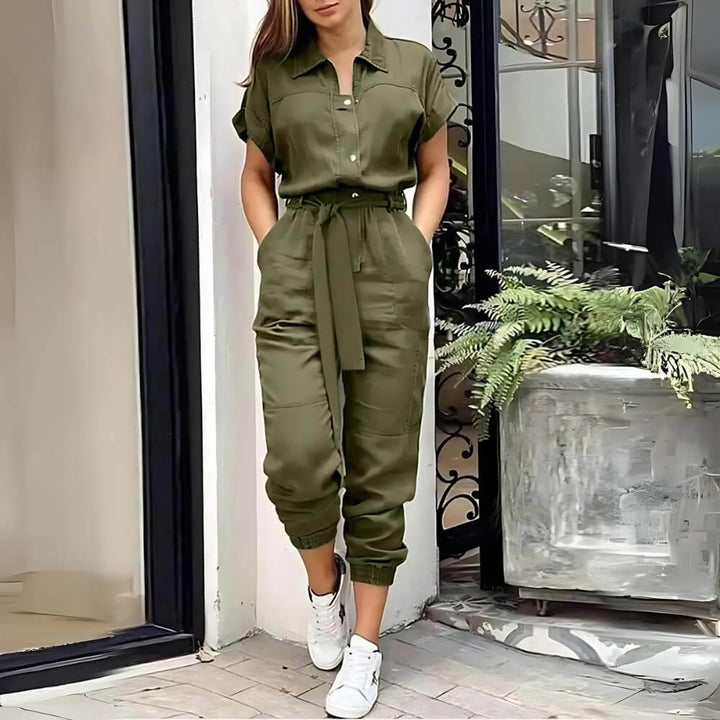 Armygreen short-sleeved jumpsuit on the model
