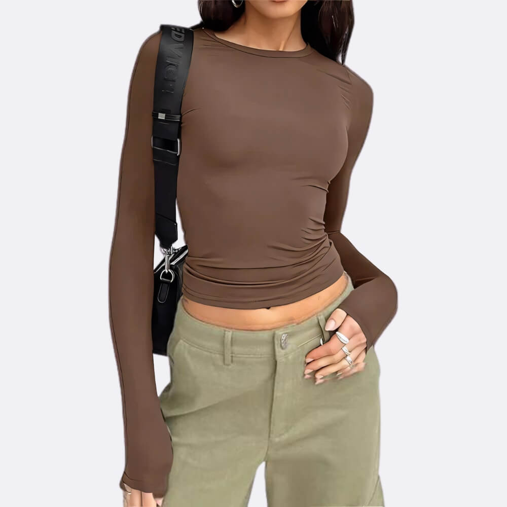 Brown elegant long-sleeved shirt on the model