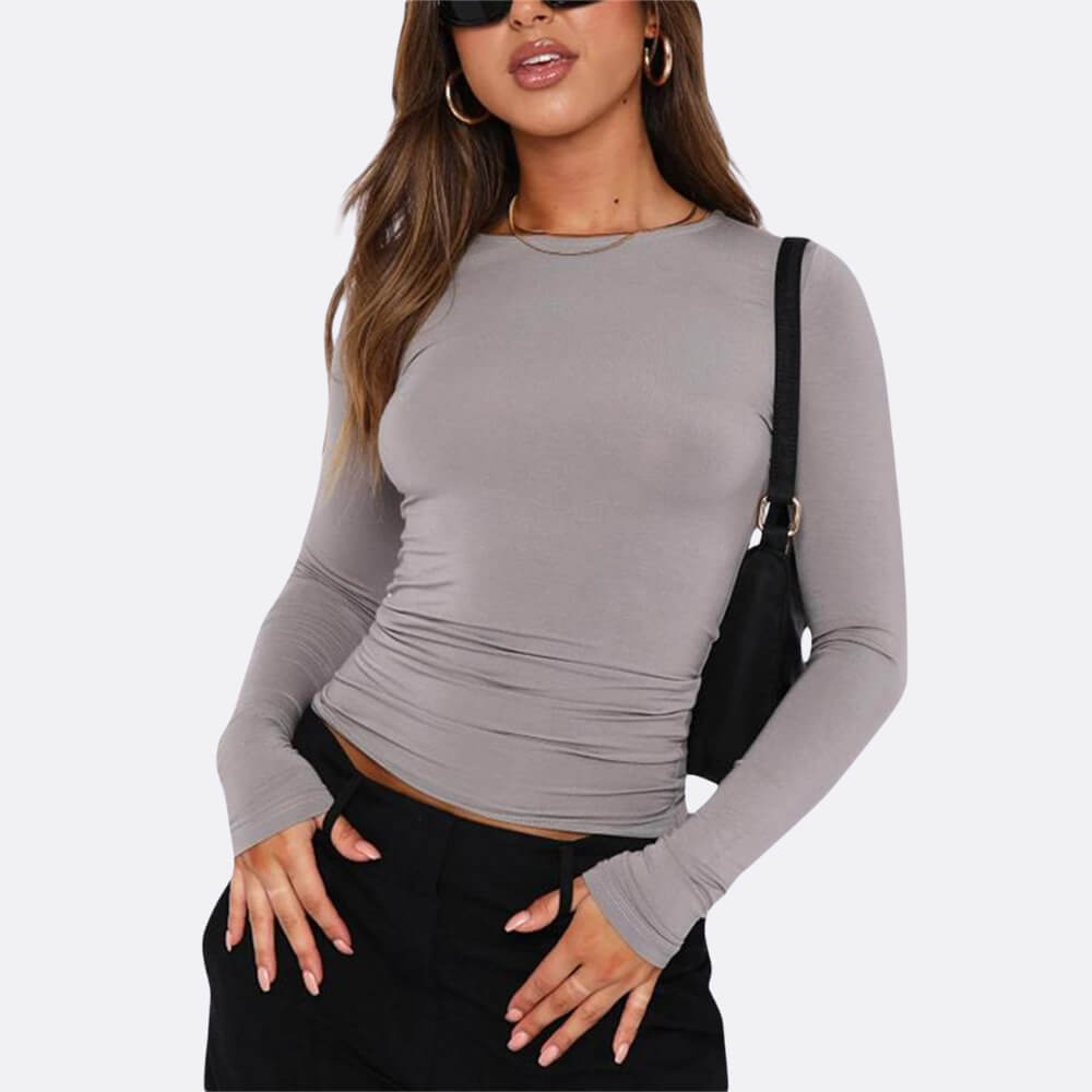 Grey elegant long-sleeved shirt on the model