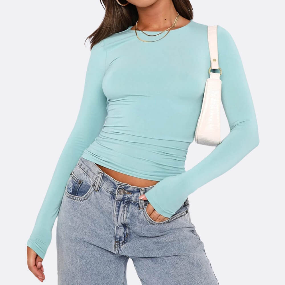 Lightblue elegant long-sleeved shirt on the model