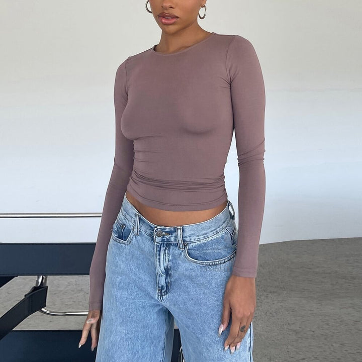 Lightbrown elegant long-sleeved shirt on the model