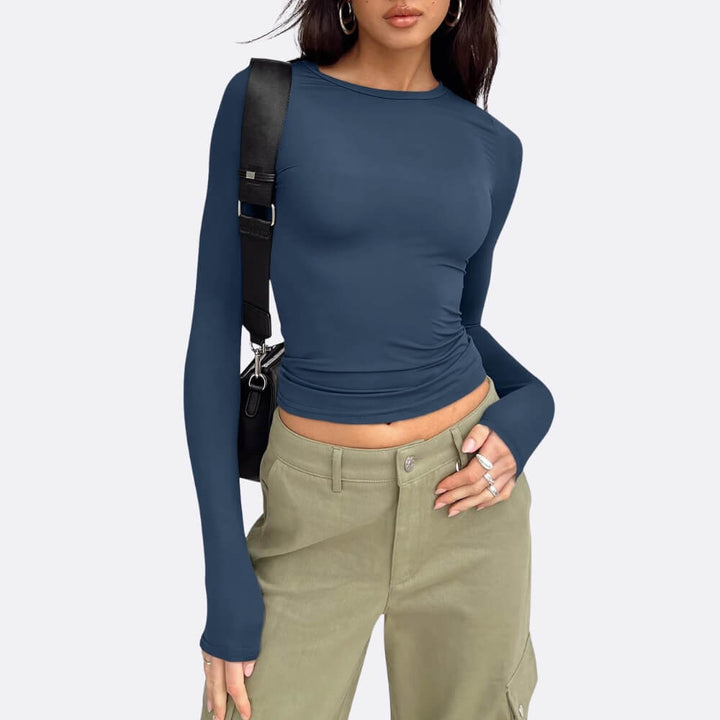 Navyblue elegant long-sleeved shirt on the model