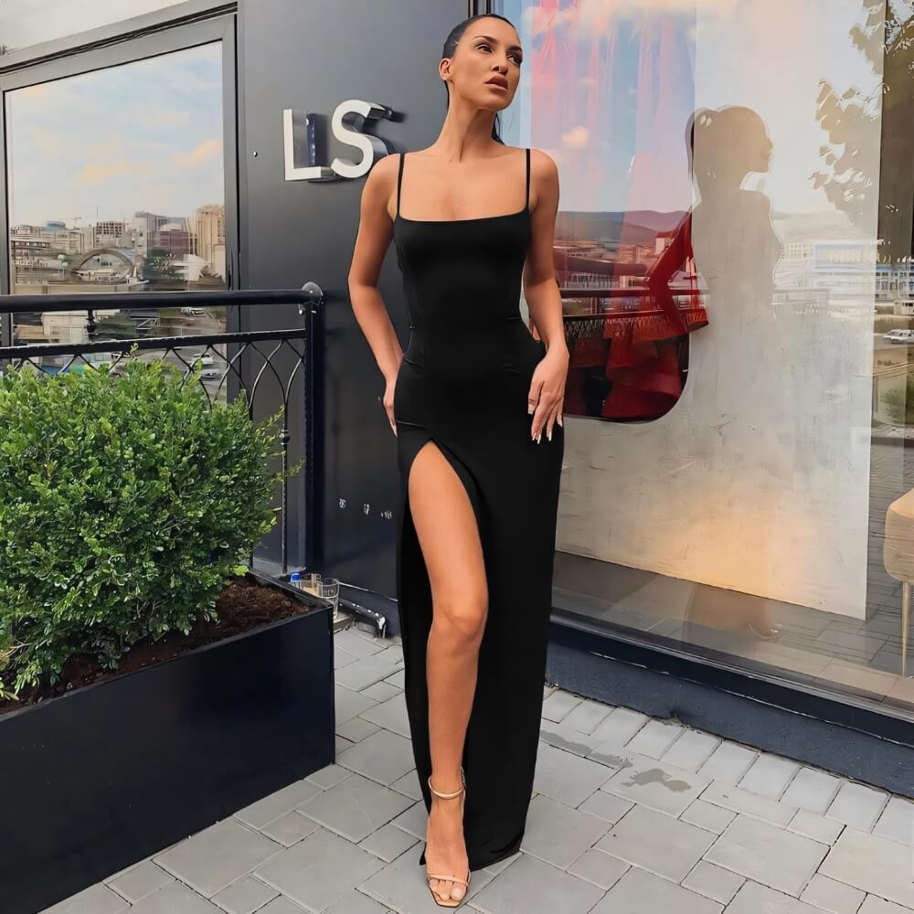 Seductive black bodycon dress with lace on one model