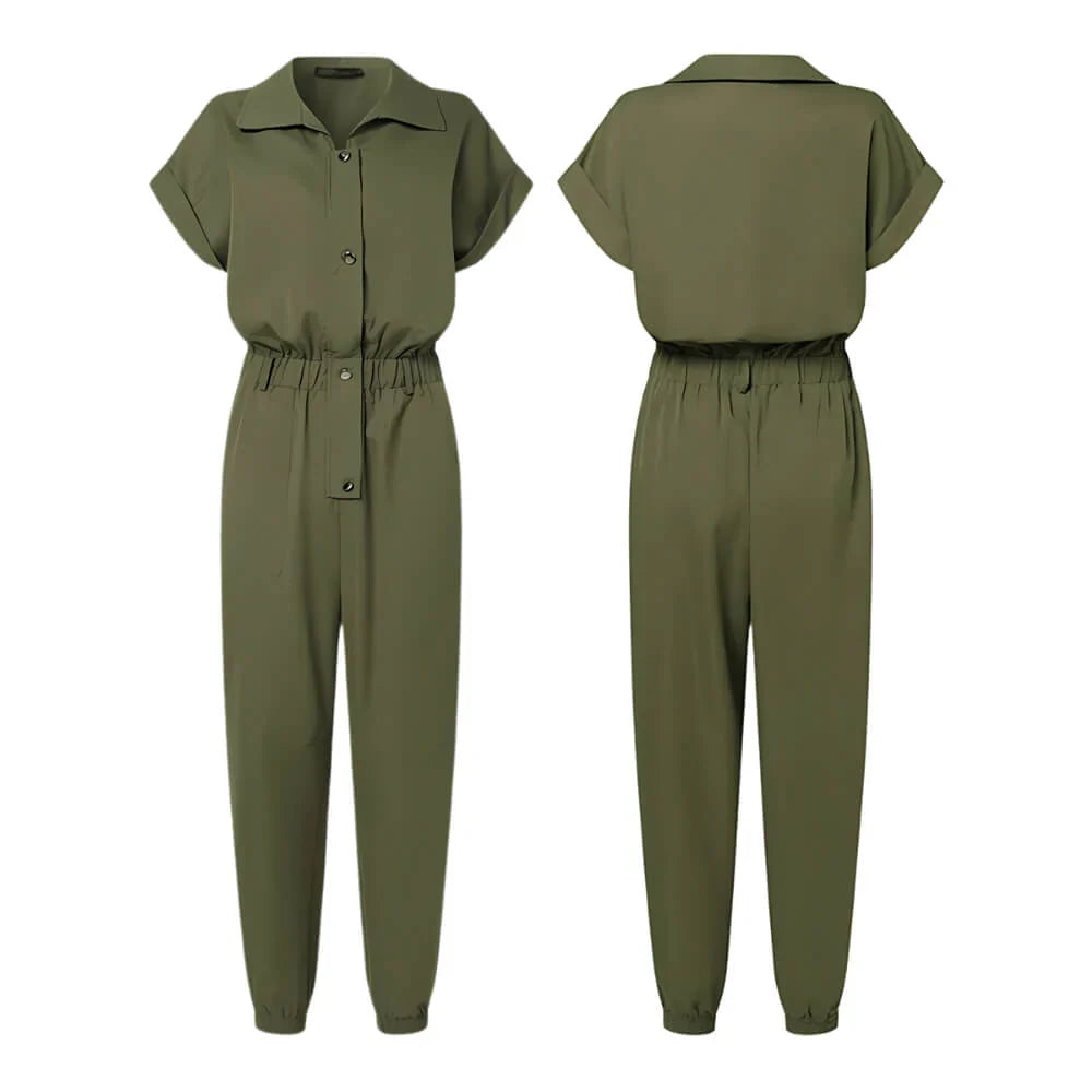 Armygreen short-sleeved jumpsuit on the model